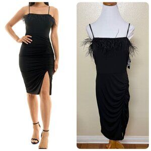 City Studios Juniors' Feather-Trim Ruched Bodycon Dress Sz 11/12 Black